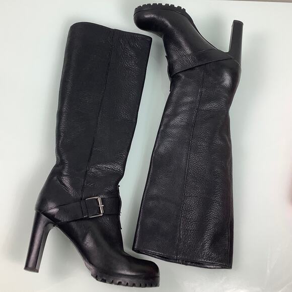 Vicini Tapeet Lug-Sole pull on knee high block heels leather boots SZ 36 EUC - Picture 4 of 12